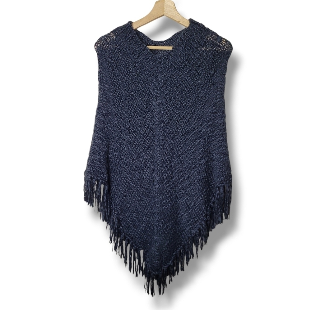 Cejon Boho Black Fringe Poncho Sweater